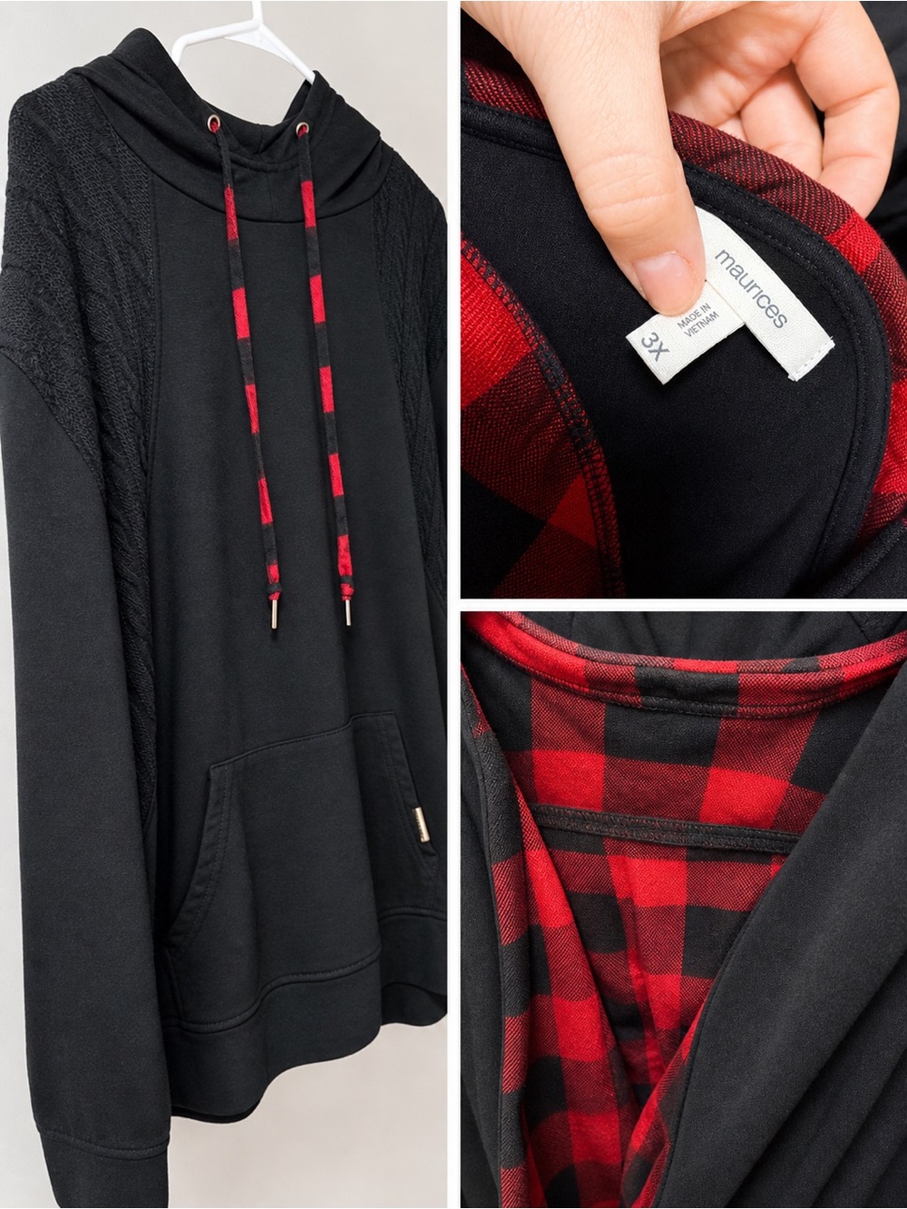 Maurices Black Hoodie with Red Plaid Lining and Drawstrings